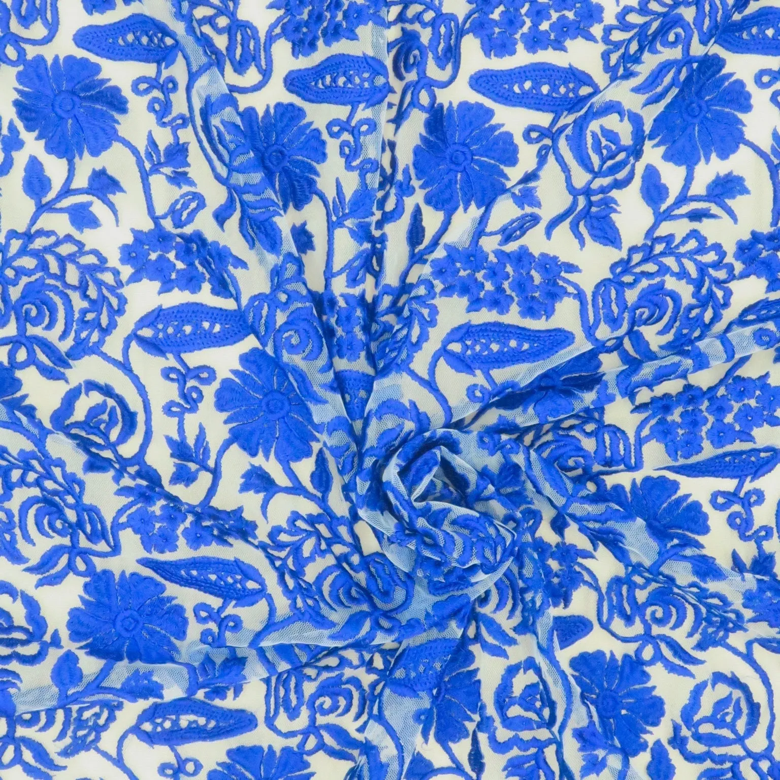 Off white Tulle With Blue Floral Design Embroidered Fabric