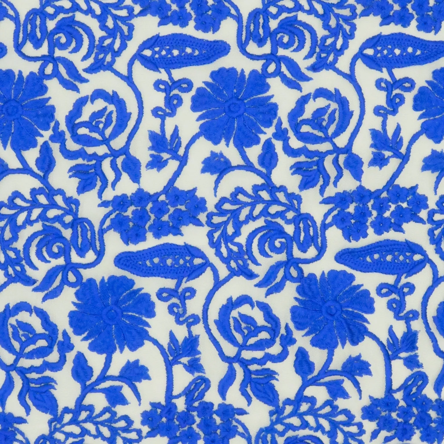 Off white Tulle With Blue Floral Design Embroidered Fabric