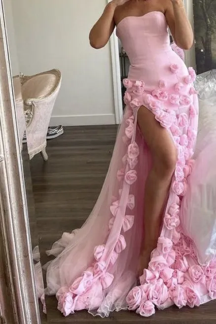 Pink Flower Tulle Embroidered Strapless Maxi Dress