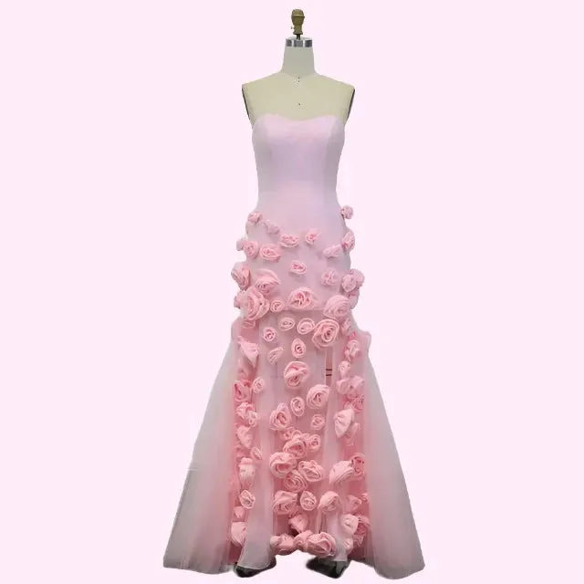 Pink Flower Tulle Embroidered Strapless Maxi Dress