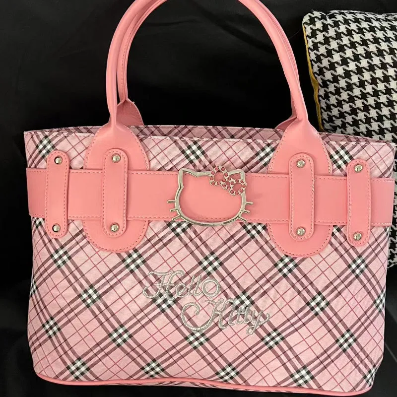 Pink Kitty Rhombus Embroidered Tote Bag KI630