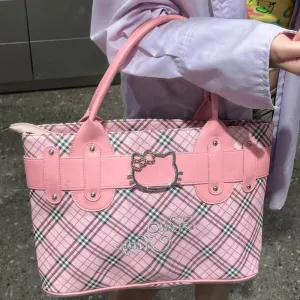 Pink Kitty Rhombus Embroidered Tote Bag KI630
