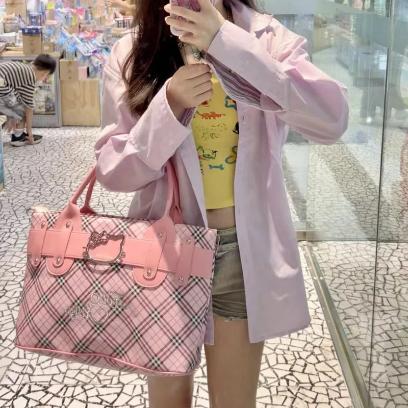 Pink Kitty Rhombus Embroidered Tote Bag KI630