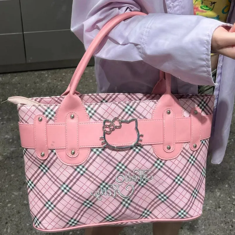 Pink Kitty Rhombus Embroidered Tote Bag KI630