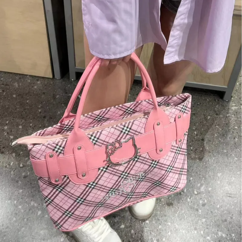 Pink Kitty Rhombus Embroidered Tote Bag KI630