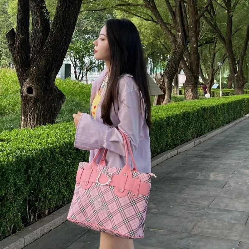 Pink Kitty Rhombus Embroidered Tote Bag KI630