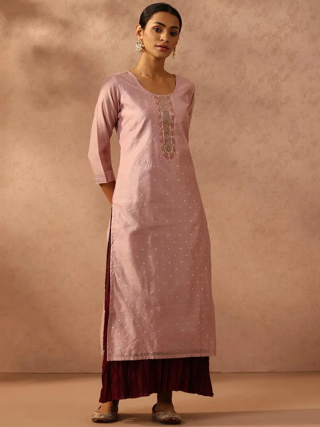 Pink Self Design Chanderi Silk Straight Kurta