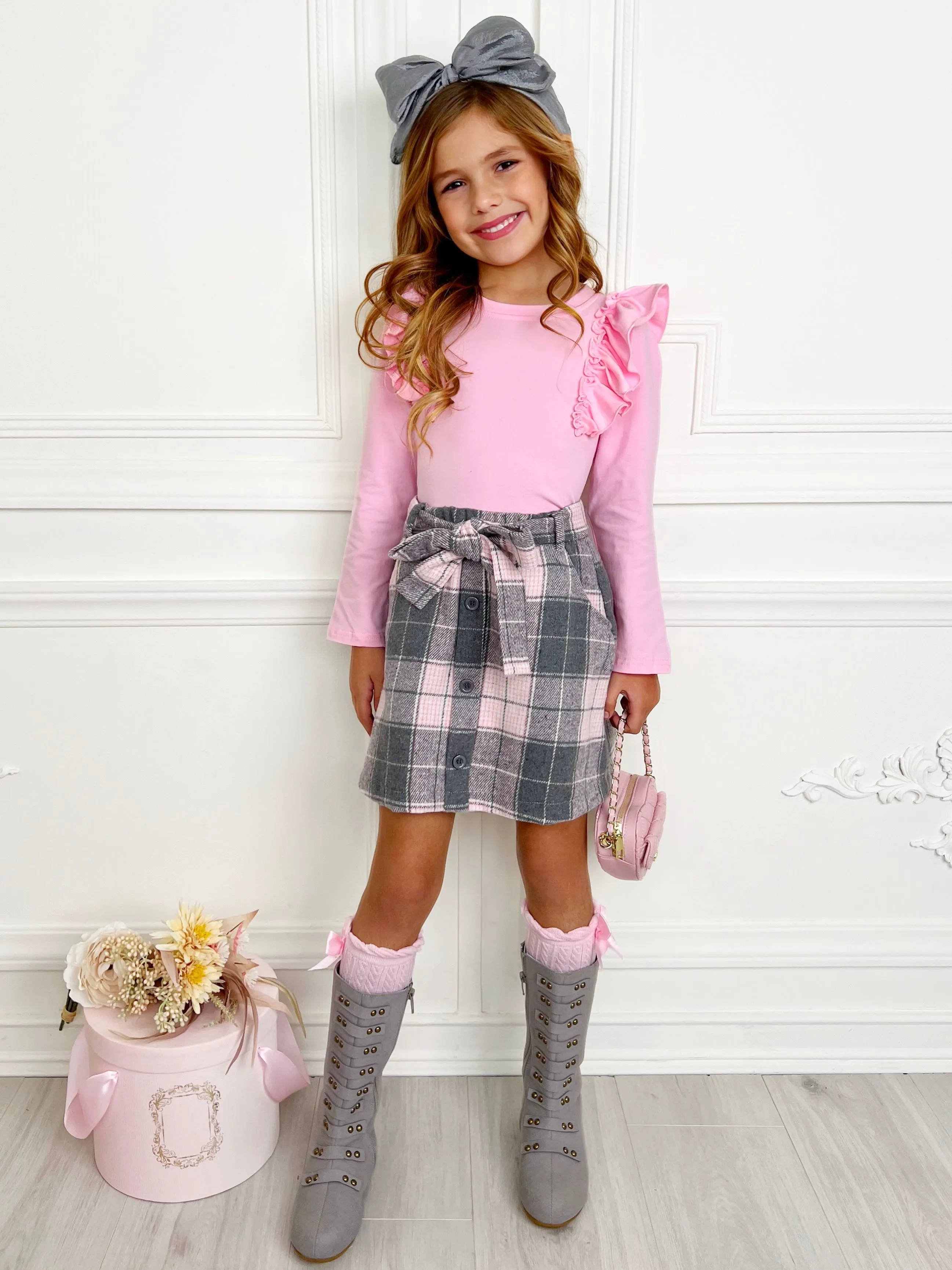 Pretty in Plaid Long Sleeve Top & Fleece Skirt Set