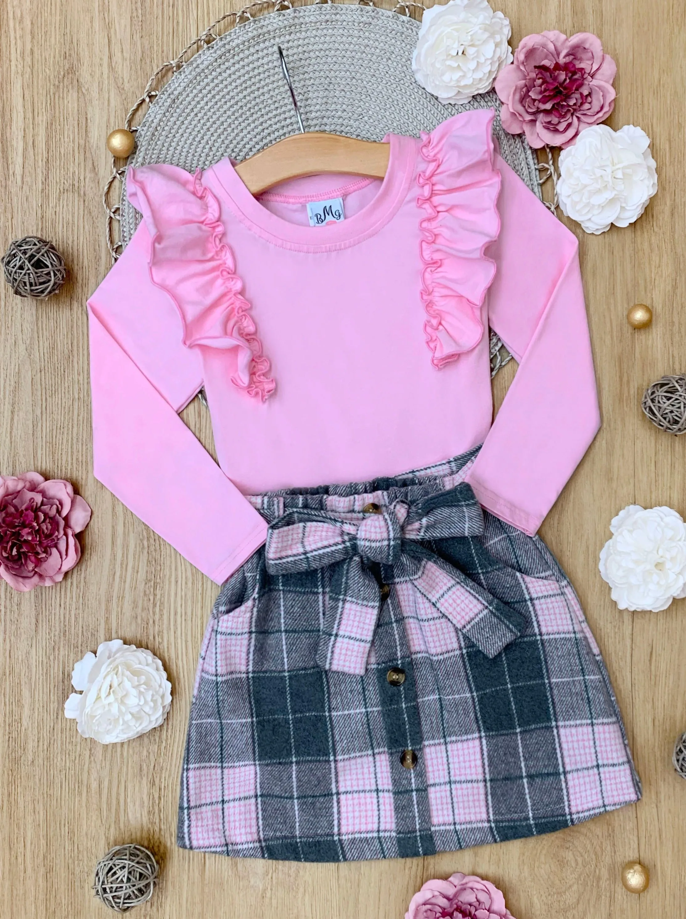 Pretty in Plaid Long Sleeve Top & Fleece Skirt Set