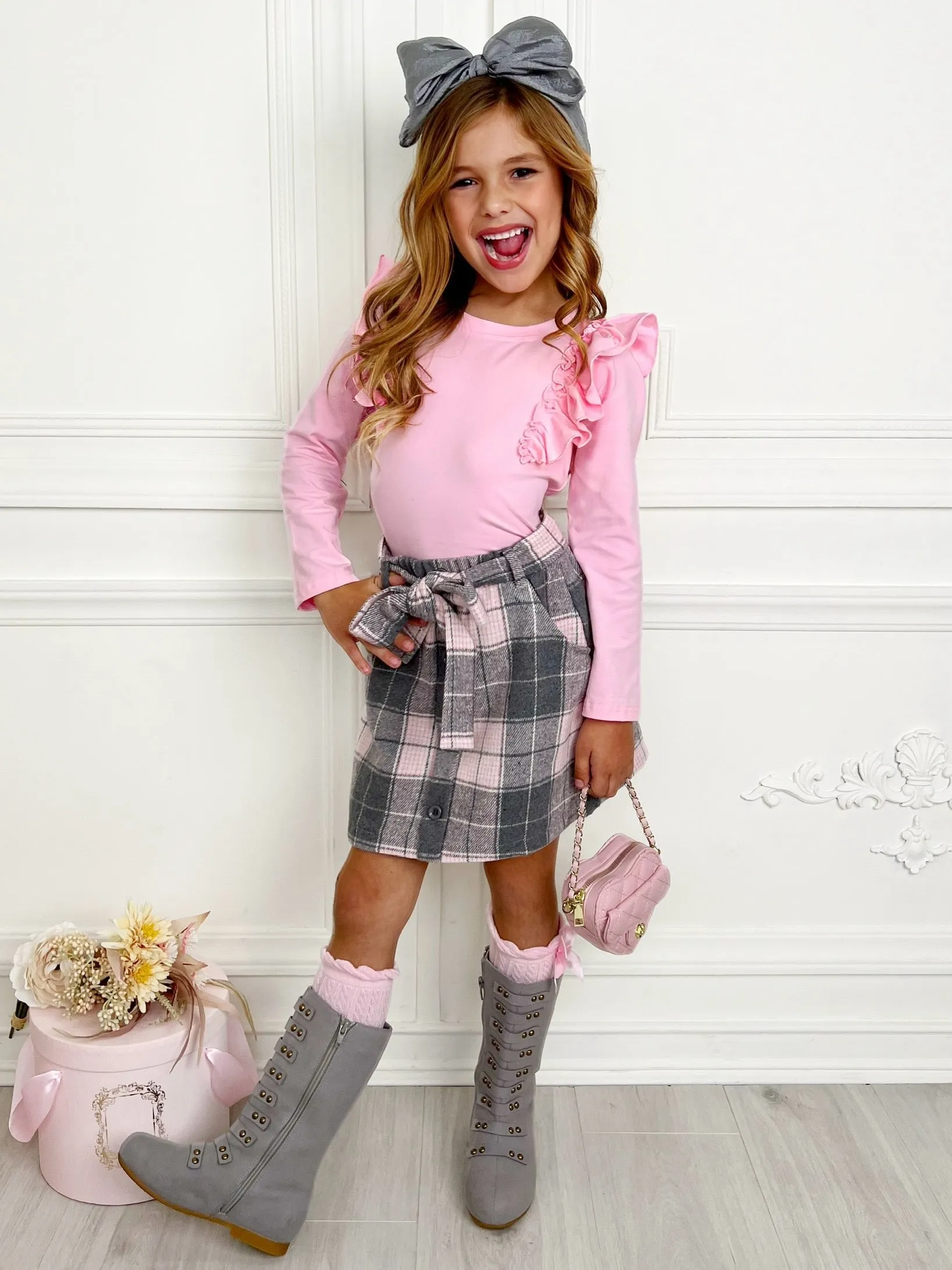 Pretty in Plaid Long Sleeve Top & Fleece Skirt Set