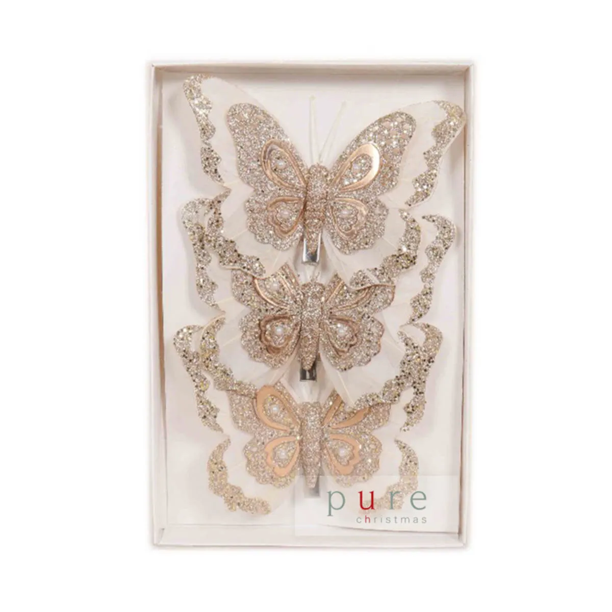 Pure Christmas Butterfly Clip White Champagne Set of 3