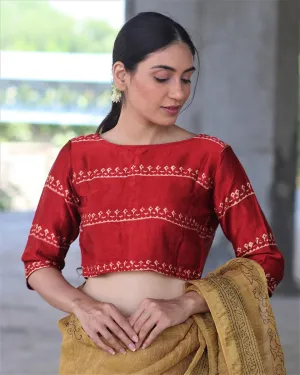 Red Block Printed Blouse In Mashru Silk