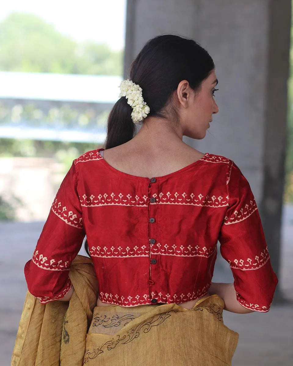 Red Block Printed Blouse In Mashru Silk