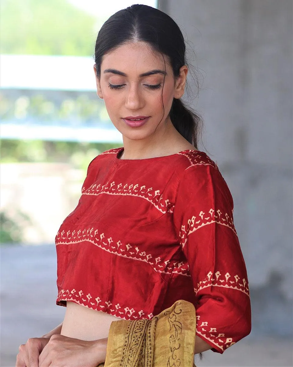 Red Block Printed Blouse In Mashru Silk