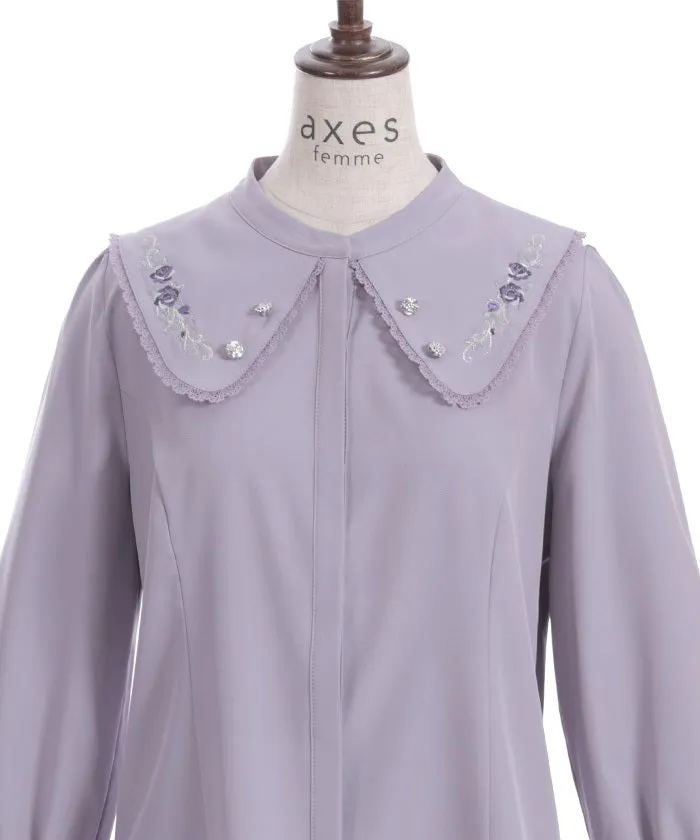 Rose Embroidery Big Collar Blouse
