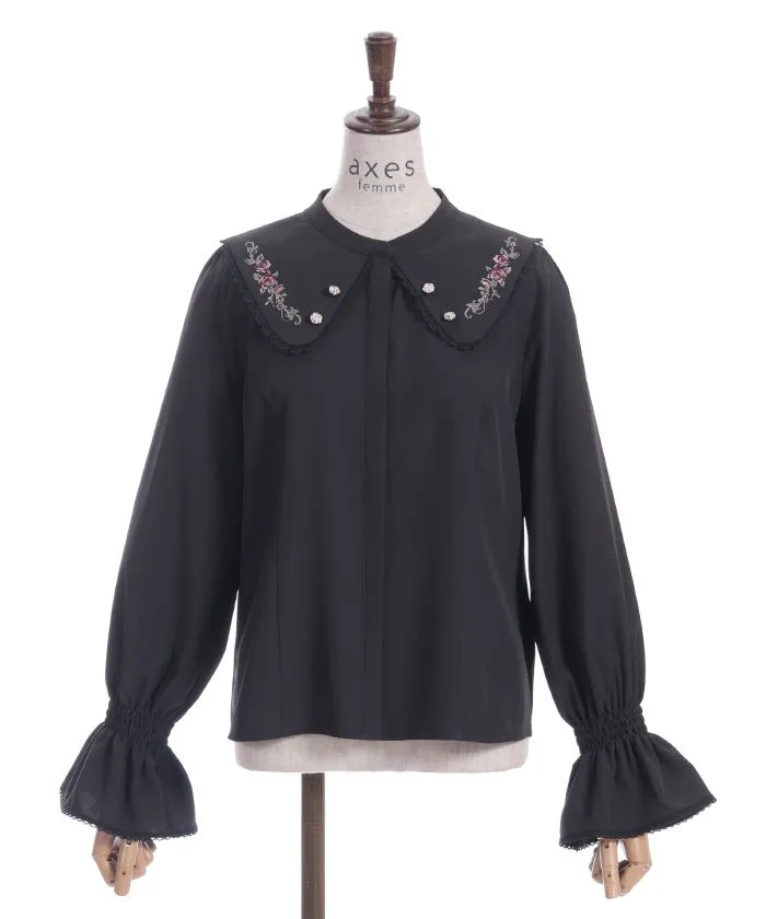 Rose Embroidery Big Collar Blouse