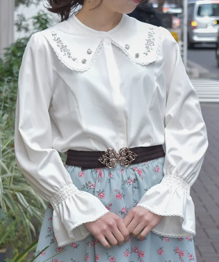 Rose Embroidery Big Collar Blouse