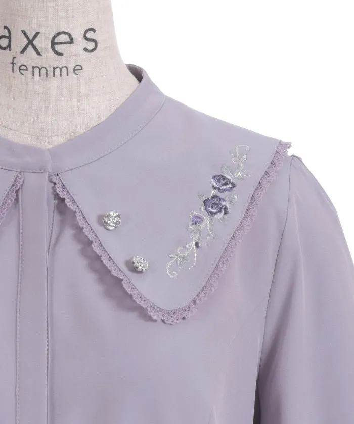 Rose Embroidery Big Collar Blouse