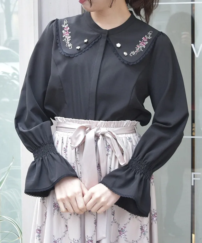 Rose Embroidery Big Collar Blouse