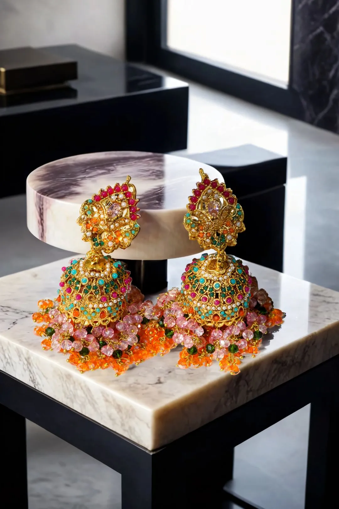 Sahana - Matte Gold Plated Multicolor Jhumka Earrings