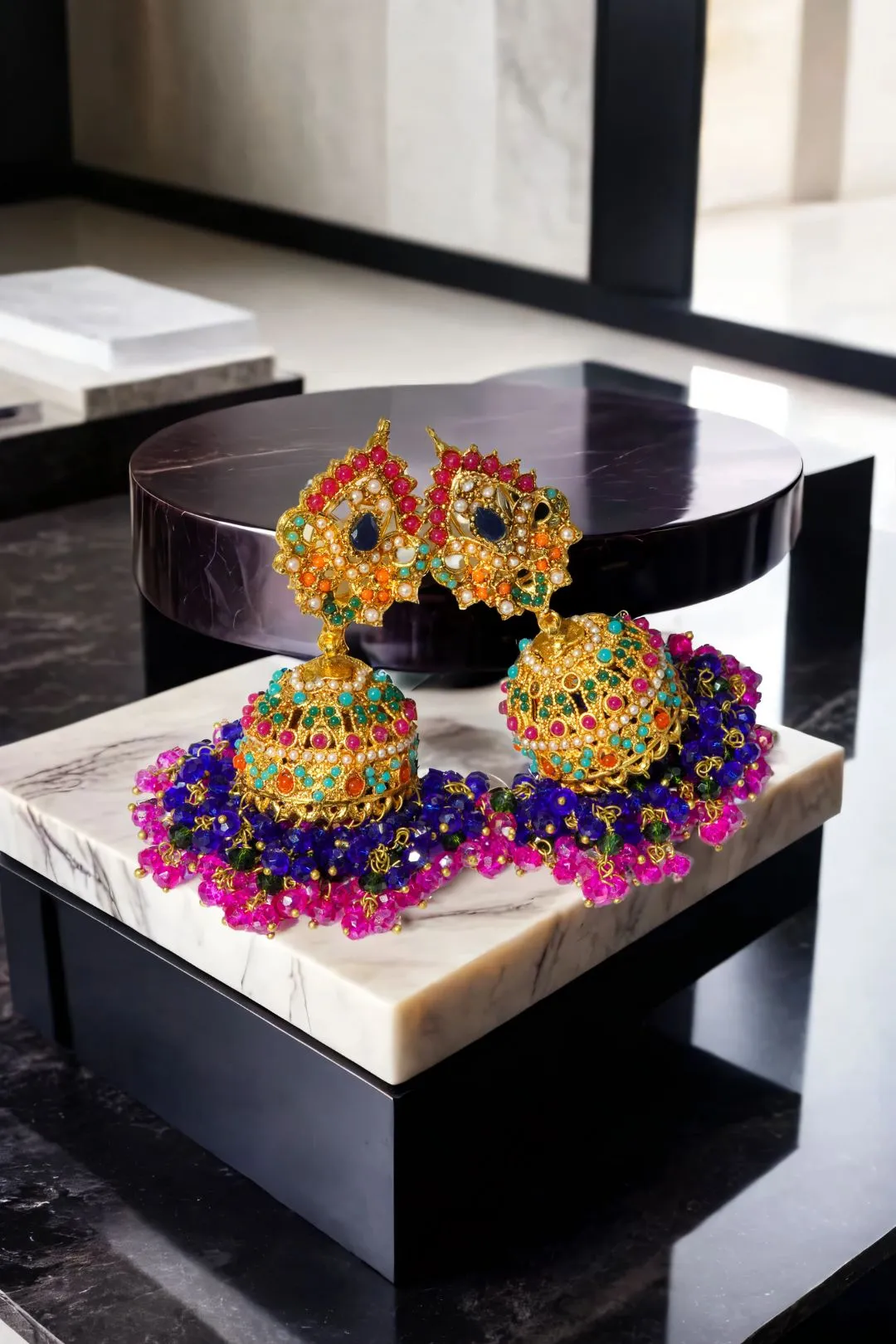 Sahana - Matte Gold Plated Multicolor Jhumka Earrings