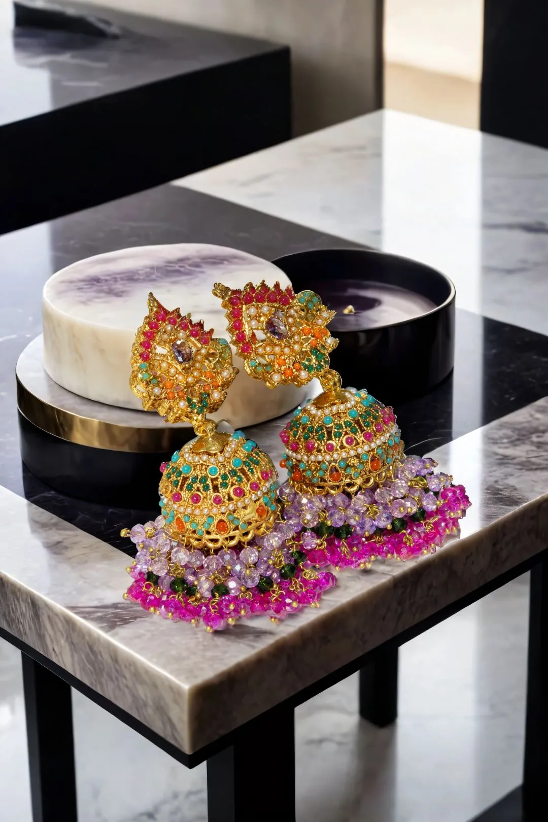 Sahana - Matte Gold Plated Multicolor Jhumka Earrings
