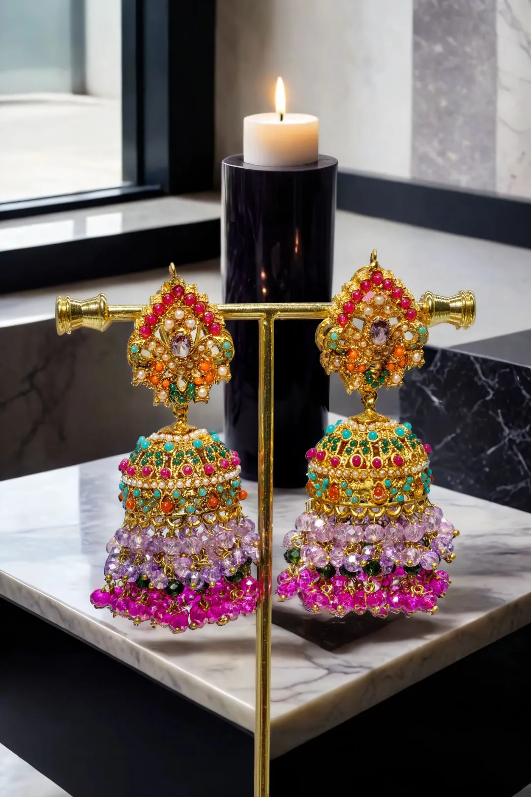 Sahana - Matte Gold Plated Multicolor Jhumka Earrings