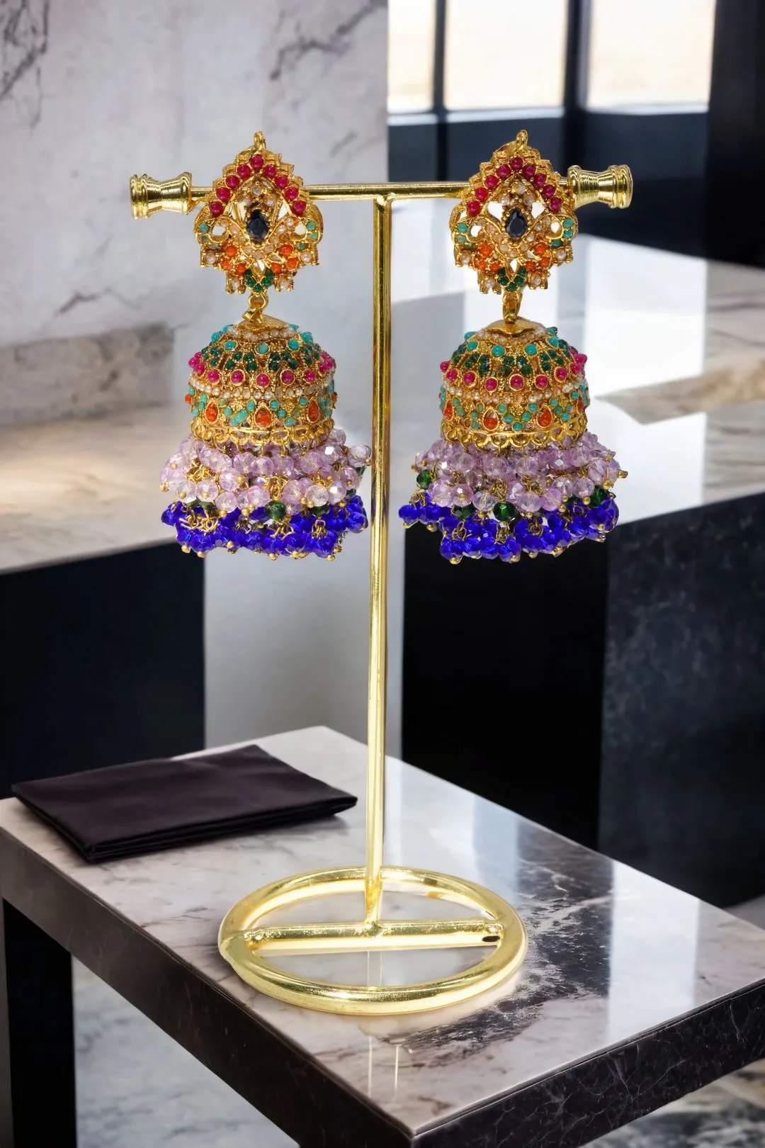 Sahana - Matte Gold Plated Multicolor Jhumka Earrings