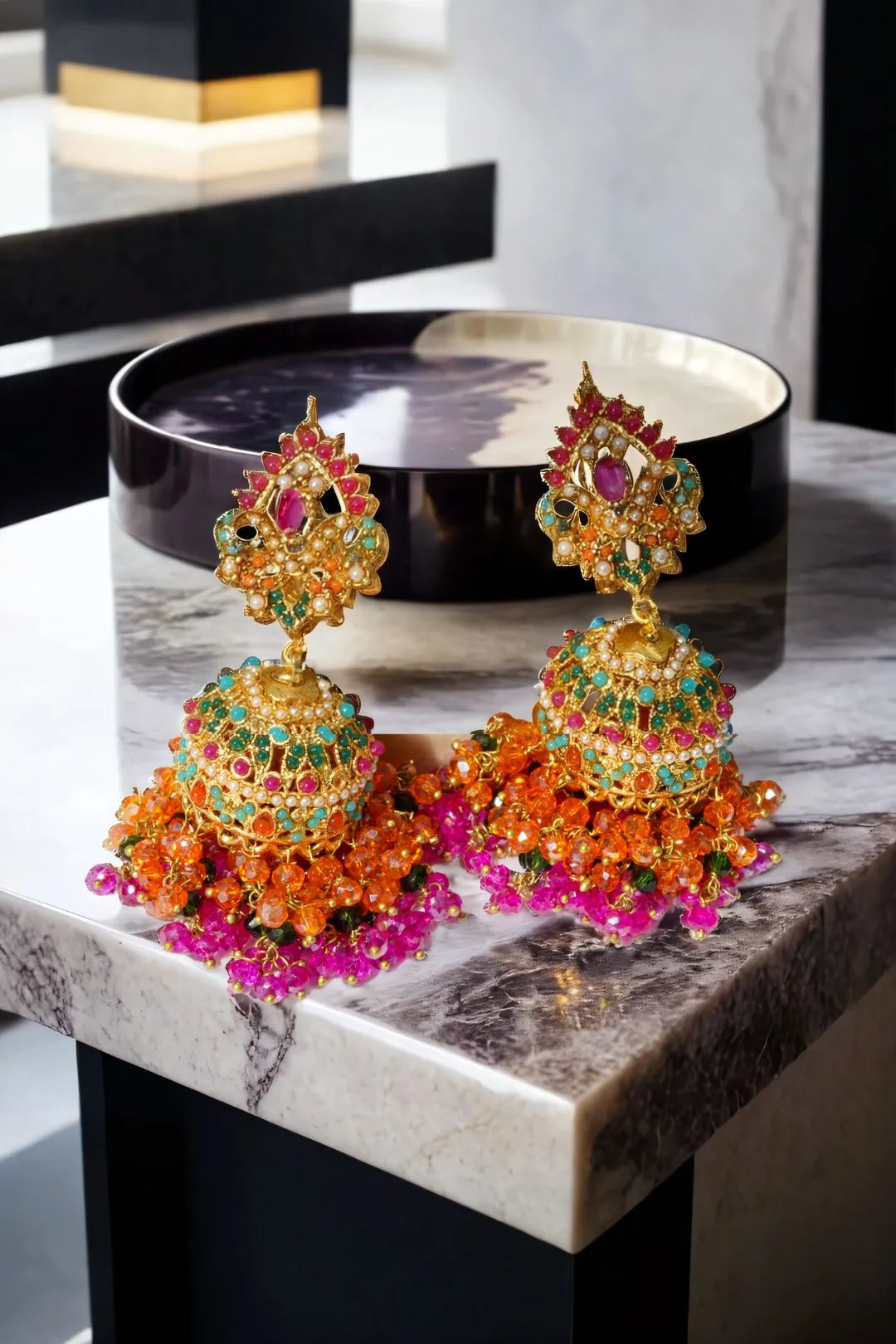 Sahana - Matte Gold Plated Multicolor Jhumka Earrings