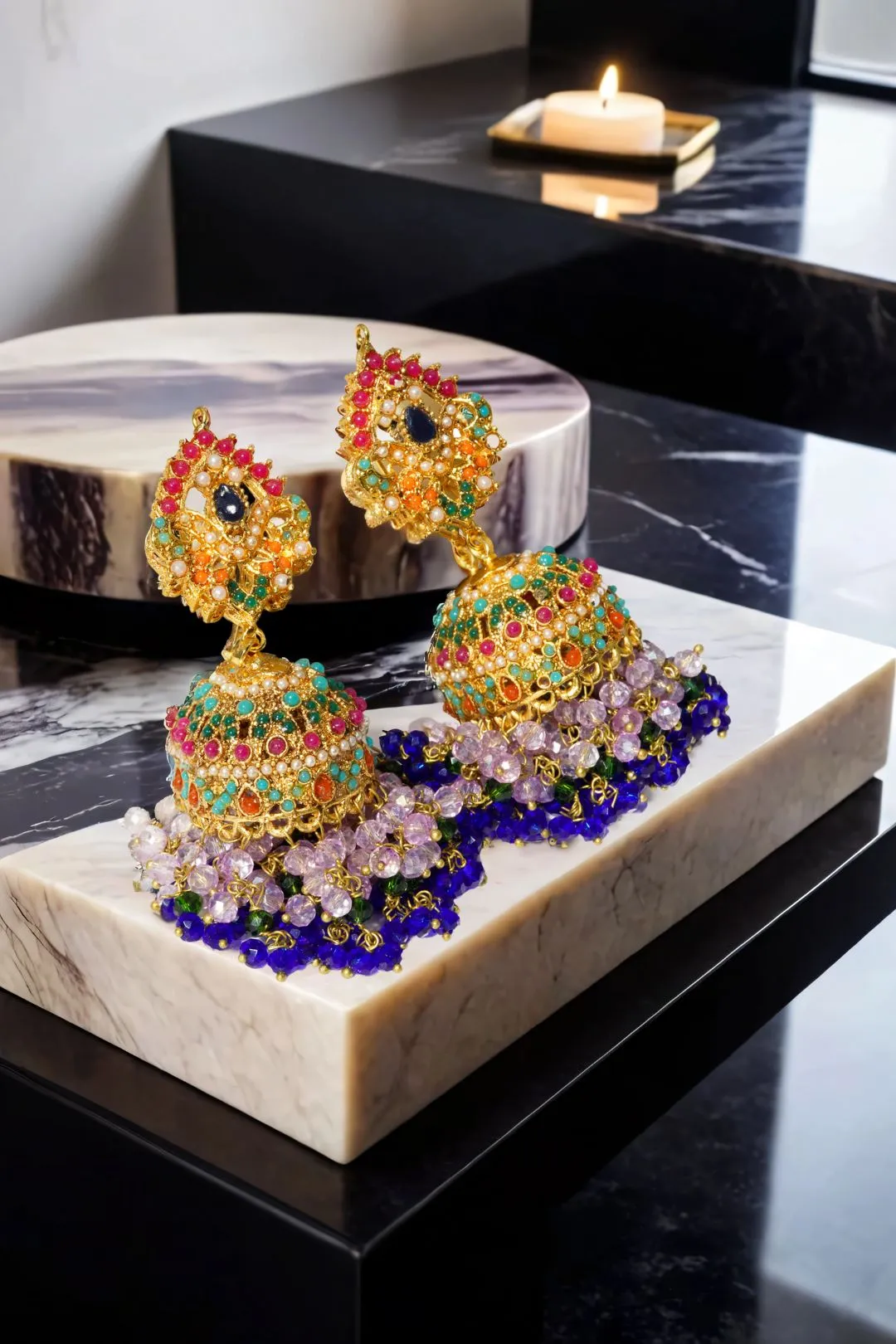 Sahana - Matte Gold Plated Multicolor Jhumka Earrings