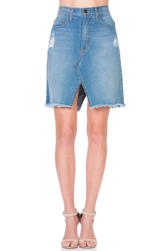 SK9018 Uneven A-line Knee High Distressed Denim Skirt