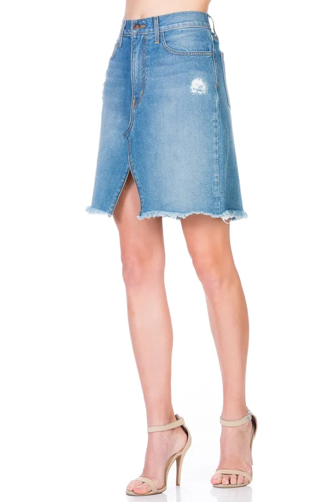 SK9018 Uneven A-line Knee High Distressed Denim Skirt