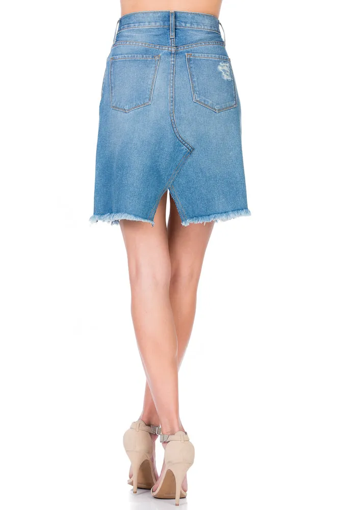 SK9018 Uneven A-line Knee High Distressed Denim Skirt