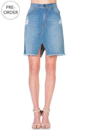 SK9018 Uneven A-line Knee High Distressed Denim Skirt