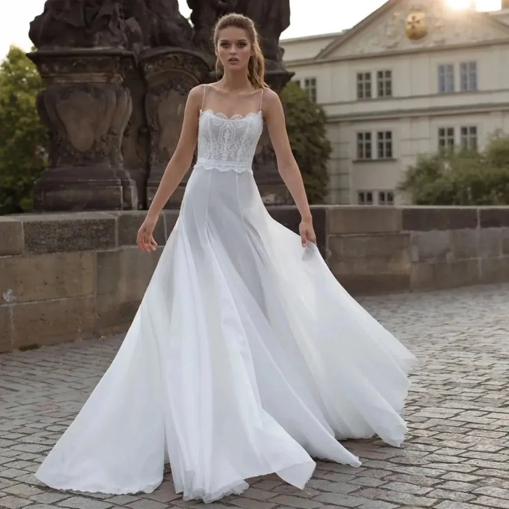 Spaghetti Straps Sweep Train A Line Wedding Dress