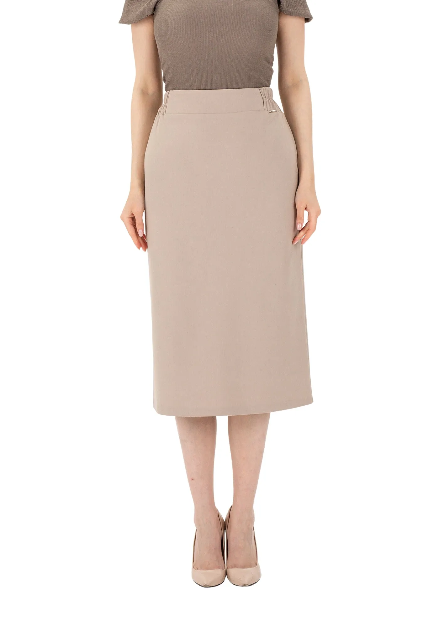 Stone Midi Pencil Skirt with Elastic Waist and Closed Back Vent
