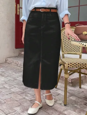 Summer Midi Skirt With Split Hem_Black