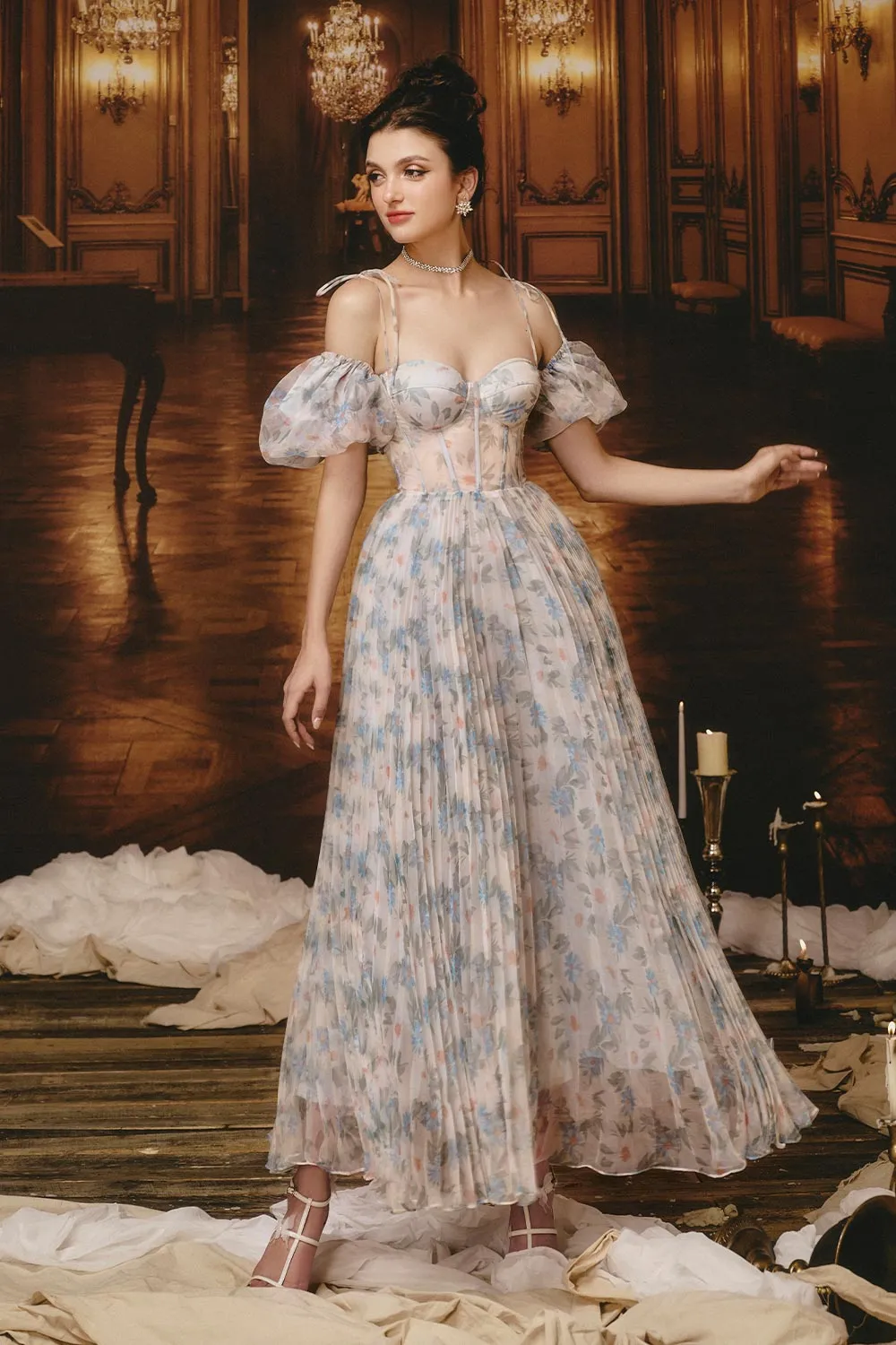 Tiana Pleated Open Chest Silk Organza Maxi Dress