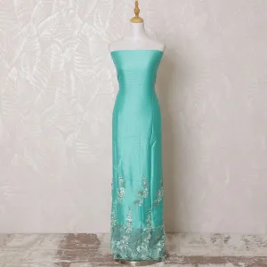 Tiffany blue blended cotton lawn fabric with same tone, laurel green embroidery having stone work in floral design-D15090