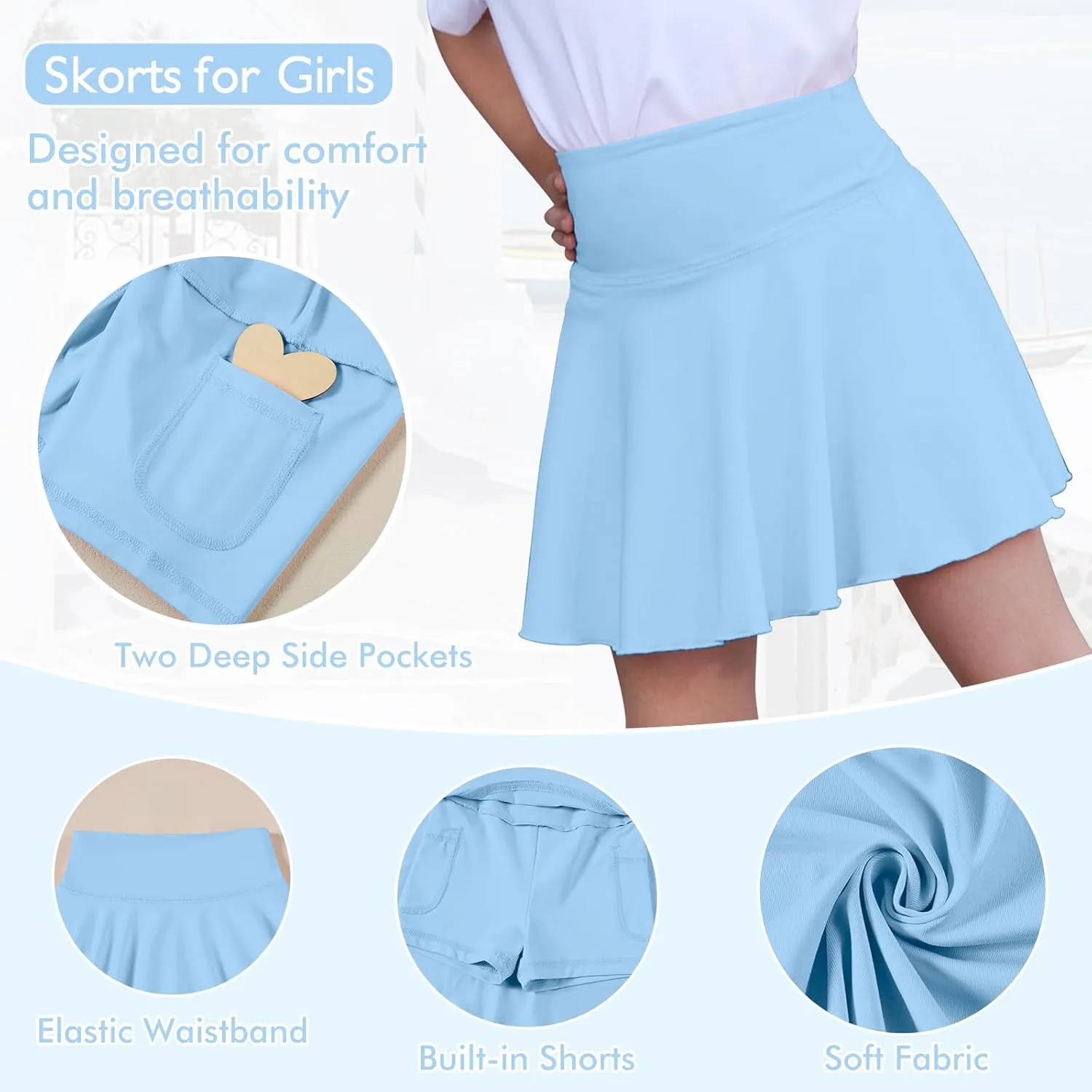 Toddler Baby Girl Skirts Flared Girls Mini Skorts Stretch Tennis Skater Uniform Athletic Skirts with Shorts Pockets