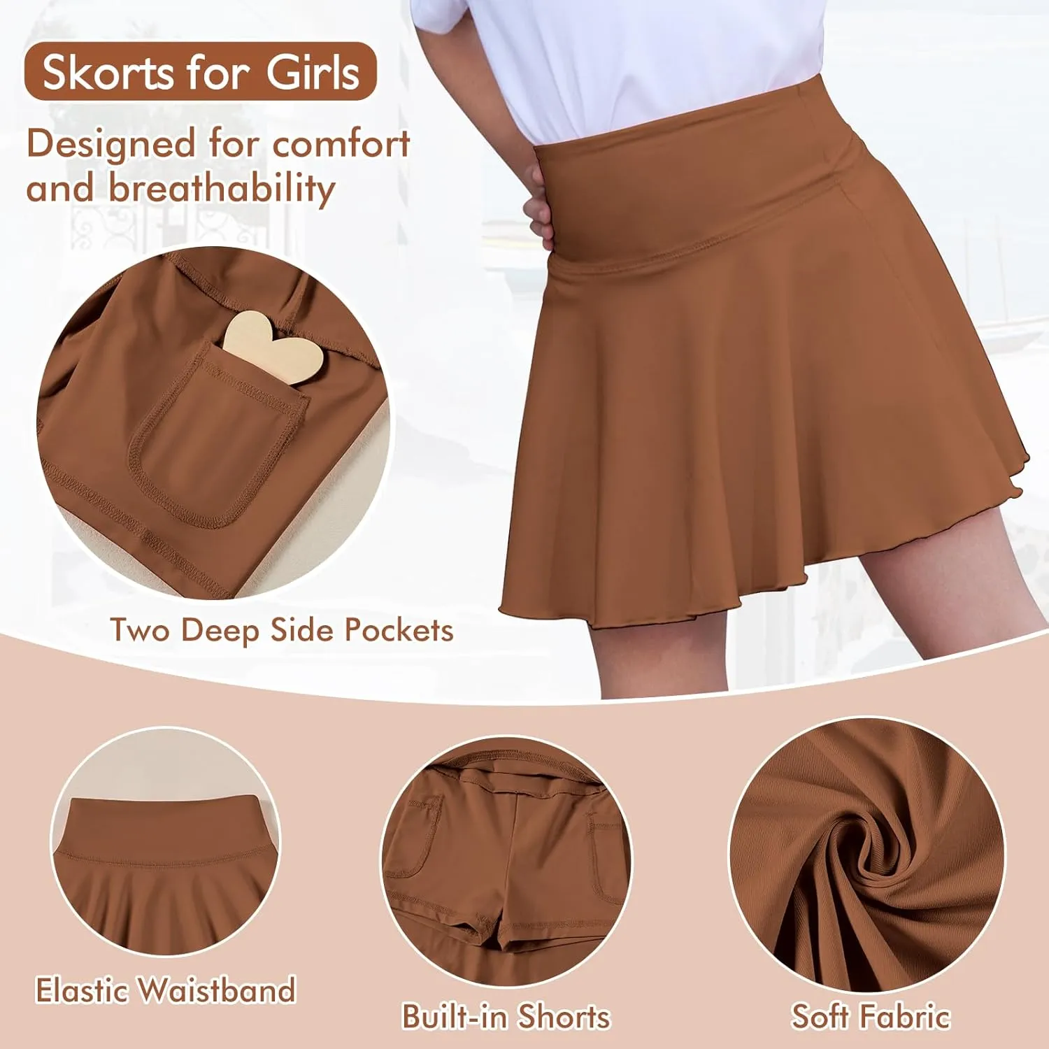 Toddler Baby Girl Skirts Flared Girls Mini Skorts Stretch Tennis Skater Uniform Athletic Skirts with Shorts Pockets