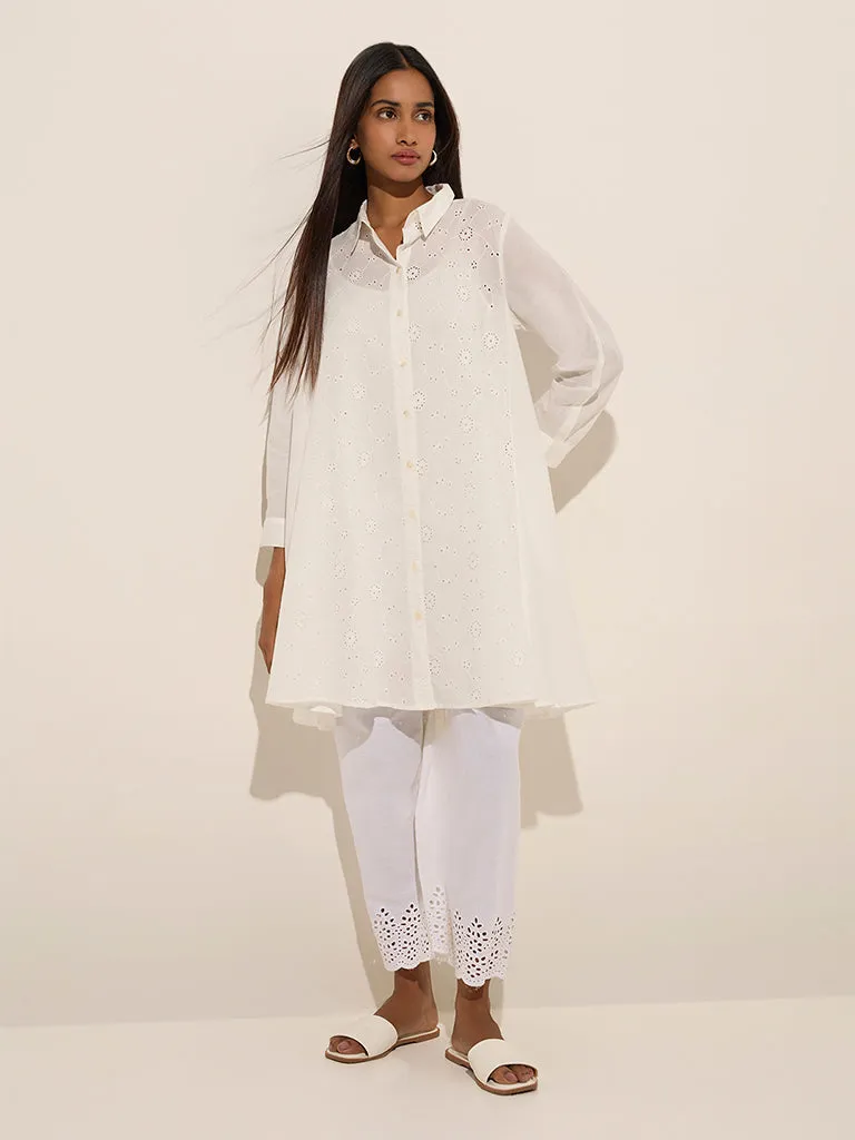 Utsa White Schiffli Design A-Line Cotton Kurta