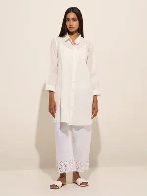 Utsa White Schiffli Design A-Line Cotton Kurta