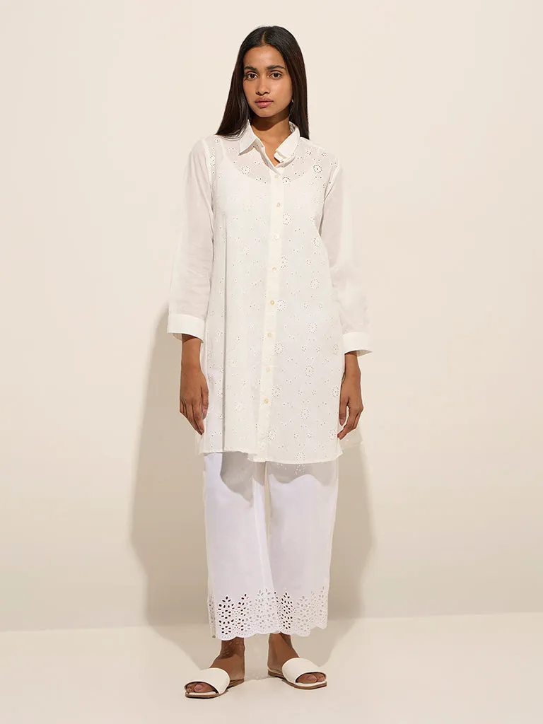 Utsa White Schiffli Design A-Line Cotton Kurta