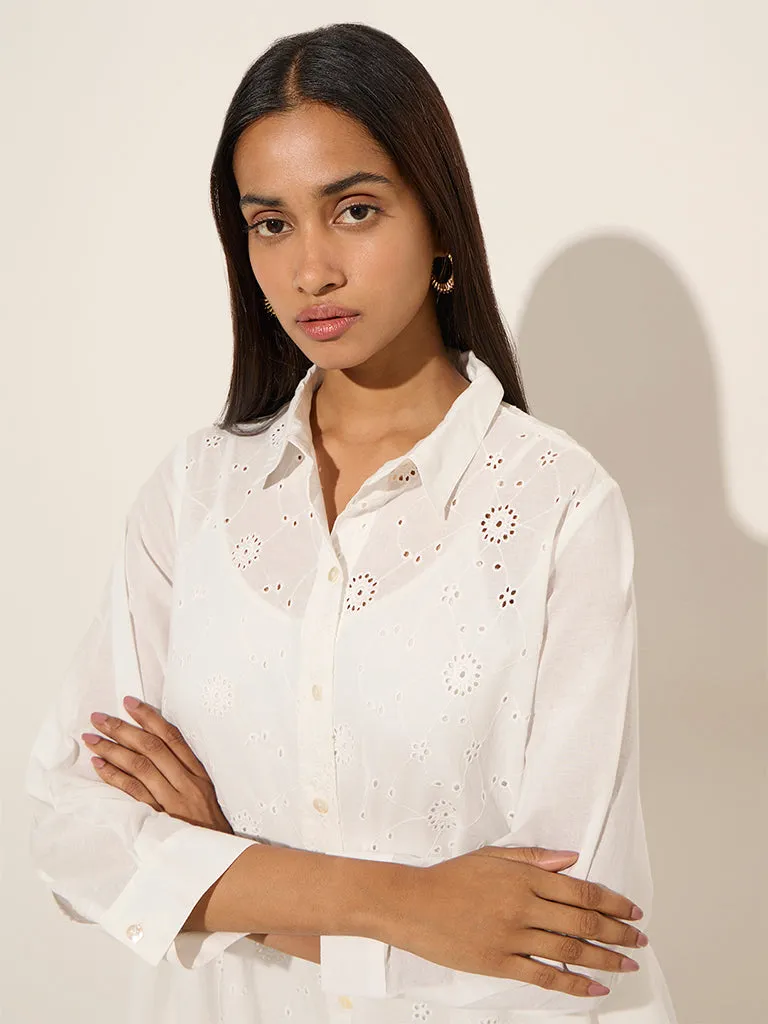 Utsa White Schiffli Design A-Line Cotton Kurta