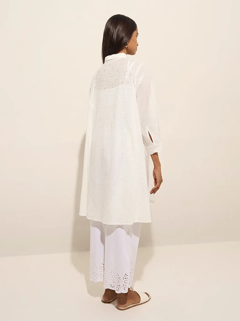 Utsa White Schiffli Design A-Line Cotton Kurta