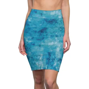 Womens High Waist Pencil Skirt - Light and Dark Blue Marble Illustration
