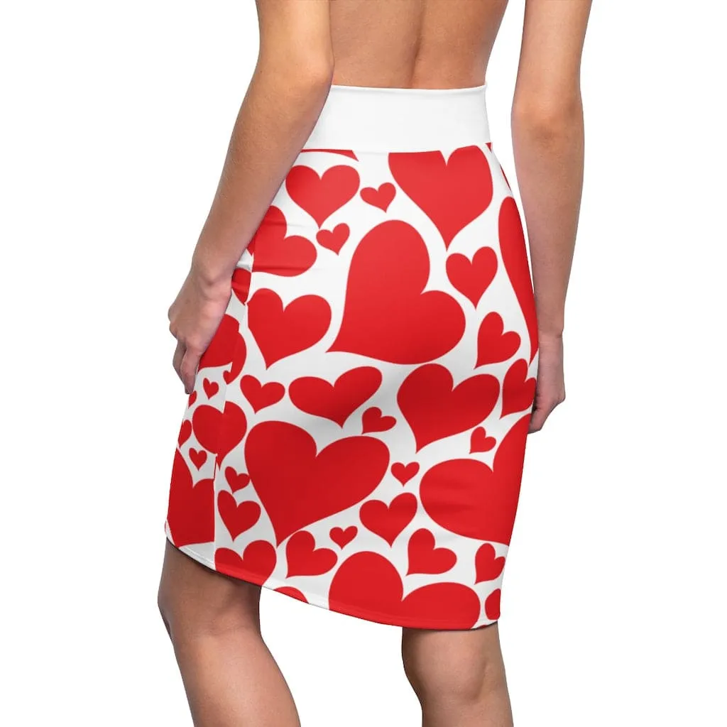 Womens Pencil Mini Skirt - Love Red Hearts Illustration