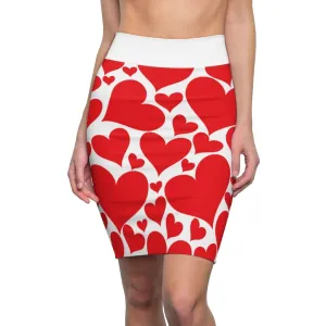 Womens Pencil Mini Skirt - Love Red Hearts Illustration