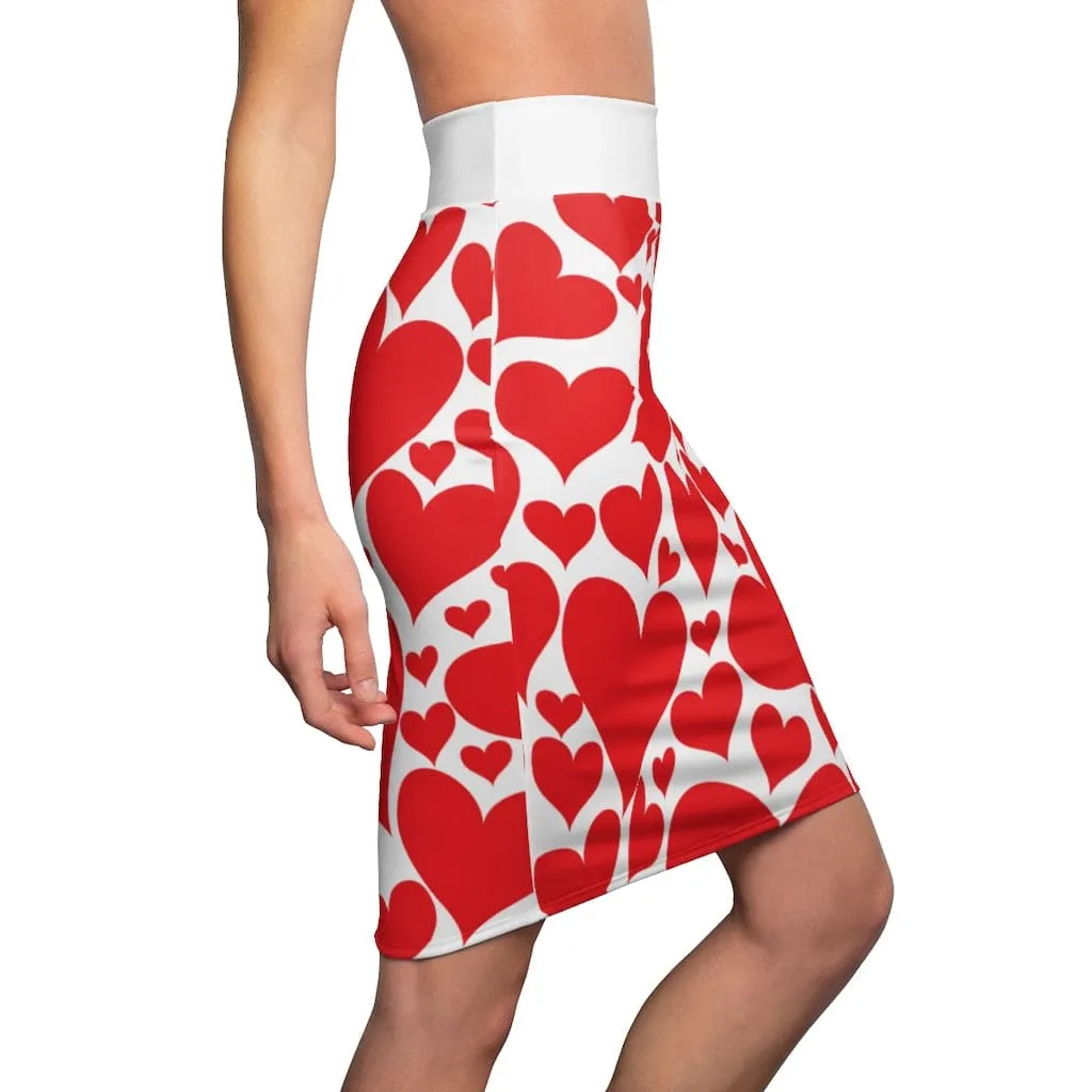 Womens Pencil Mini Skirt - Love Red Hearts Illustration
